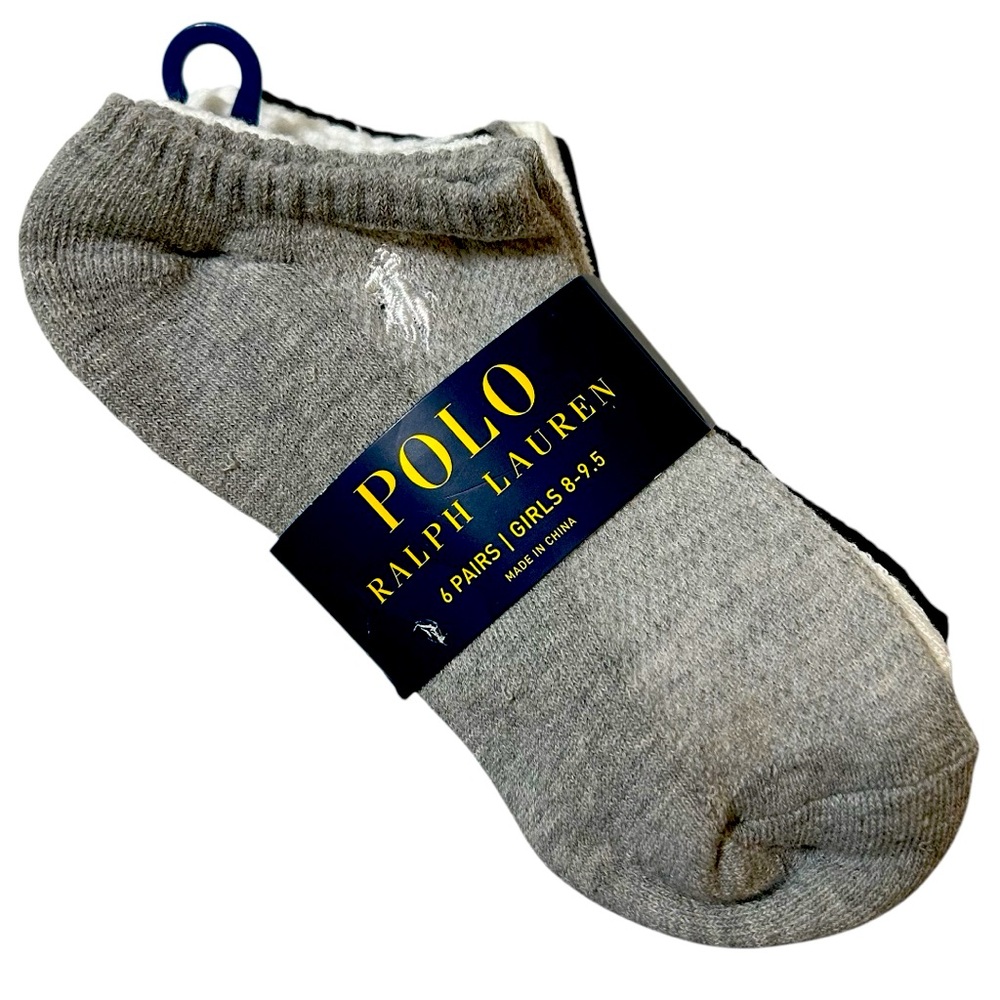 Girls 6 pack Polo Ralph Lauren Ribbed Low Cut Socks Grey-White-Black S/M  8-9.5